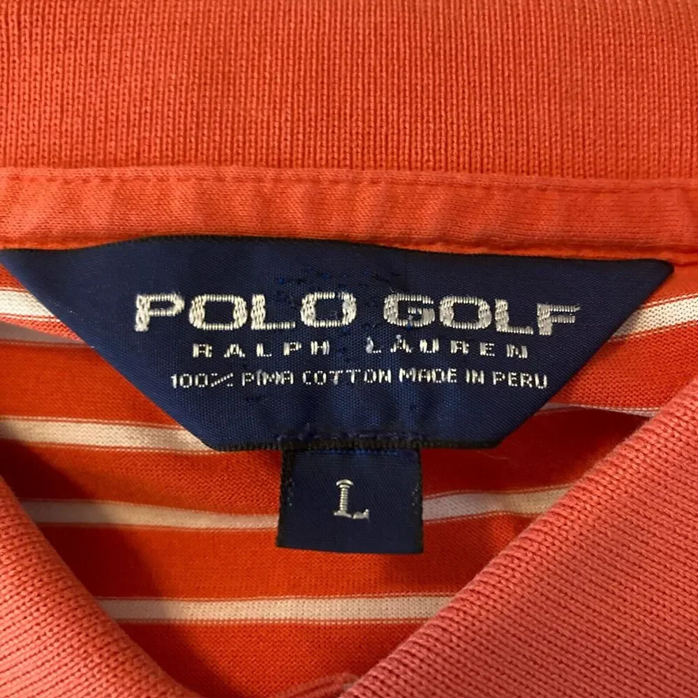 Ralph Lauren‎ Polo Shirt Mens Sz L Orange White Striped Cotton Golf Short Sleeve